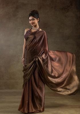 Brown Embroidery Work Silk Saree Set