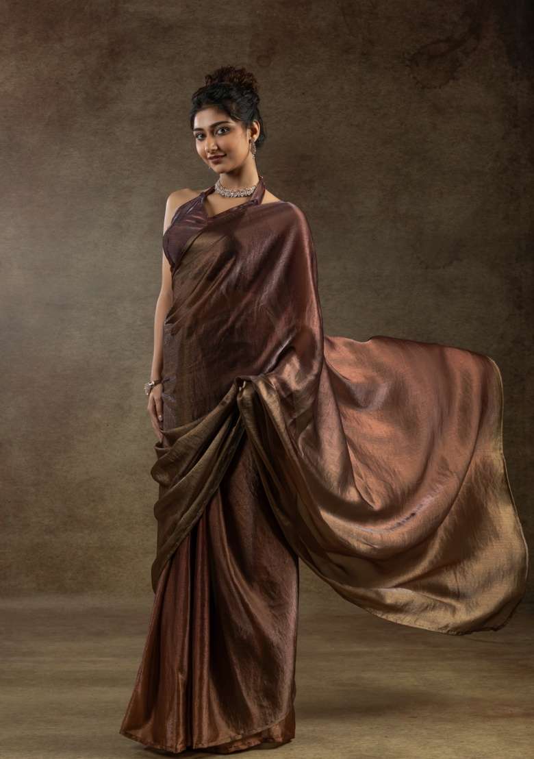 Brown Embroidery Work Silk Blend Saree Set - Indya