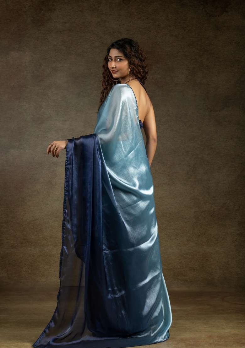 Blue Work Silk Blend Saree Set with Embroidery for Diwali | Wedding & Festive Wear - Indya