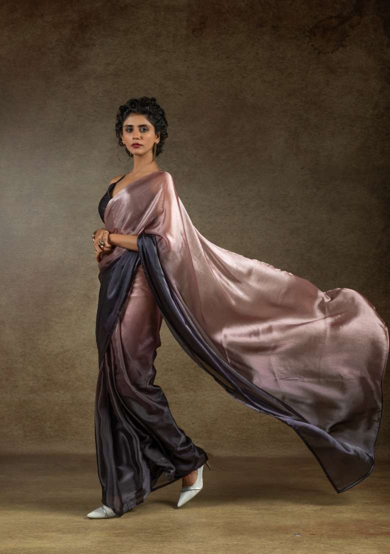 Peach Embroidery Work Silk Blend Saree Set for Diwali and Festive Wear - Indya