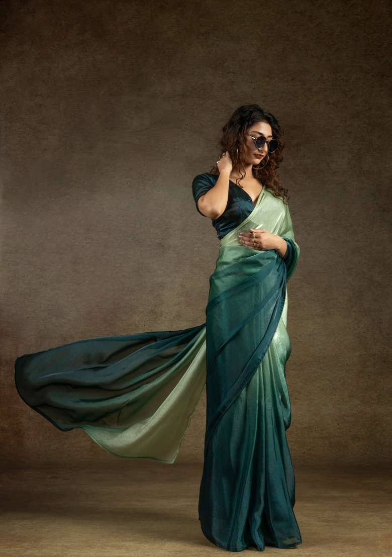 Pista With Rama Embroidery Work Silk Blend Saree Set for Diwali and Festive Wear - Indya