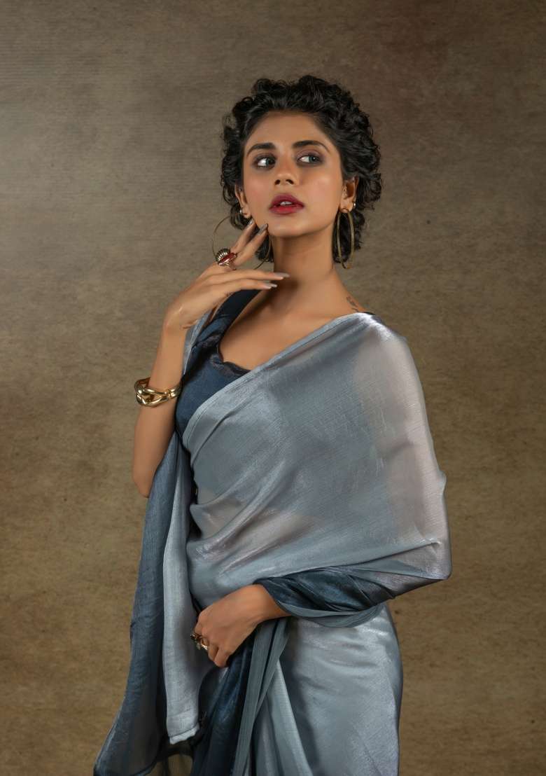 Grey Embroidery Work Silk Blend Saree Set for Diwali and Festive Wear - Indya