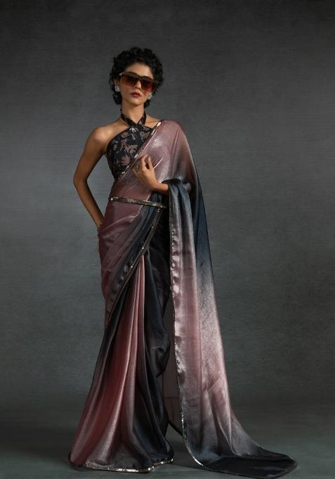 Peach Heavy Hand Work Zircon Silk Saree Set