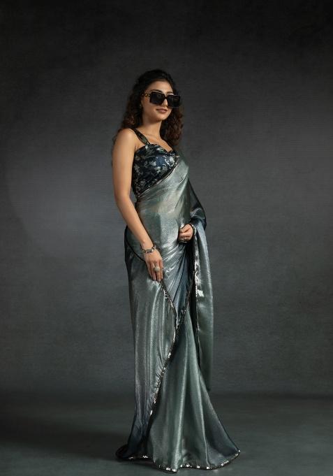 Grey Heavy Hand Work Zircon Silk Saree Set