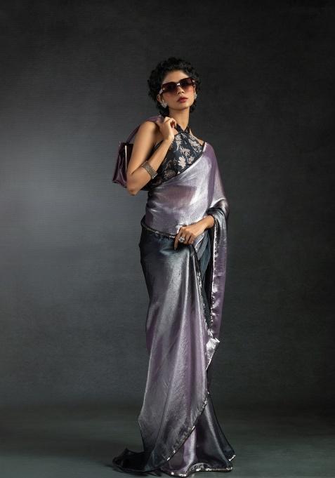 Lavender Heavy Hand Work Zircon Silk Saree Set