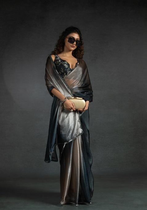 Chiku Heavy Hand Work Zircon Silk Saree Set