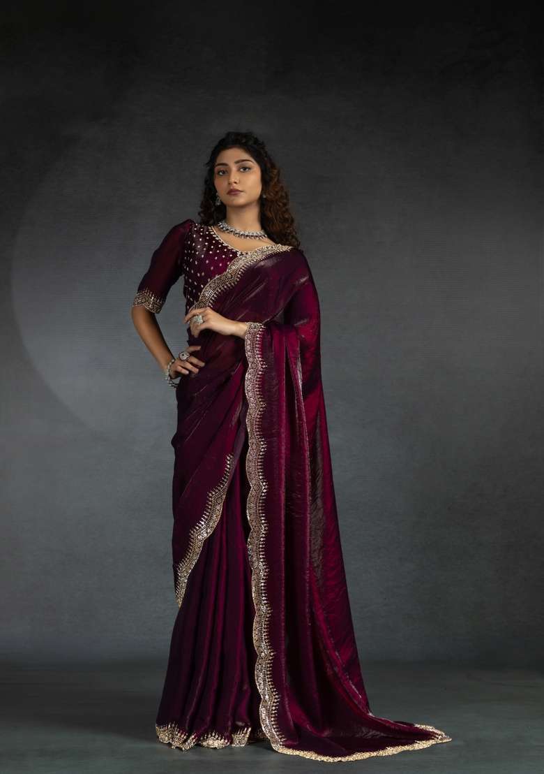 Wine Heavy Hand Work Zircon Silk Blend Saree Set - Indya