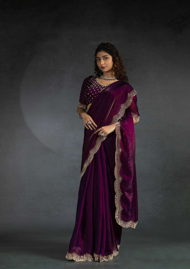 Wine Heavy Hand Work Zircon Silk Blend Saree Set - Indya