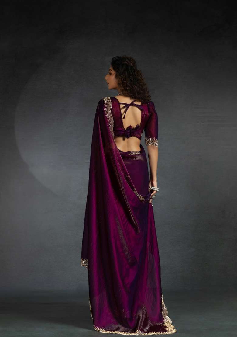 Wine Heavy Hand Work Zircon Silk Blend Saree Set - Indya