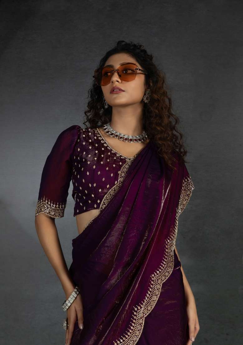 Wine Heavy Hand Work Zircon Silk Blend Saree Set - Indya