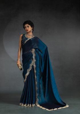 Blue Heavy Hand Work Zircon Silk Blend Saree Set