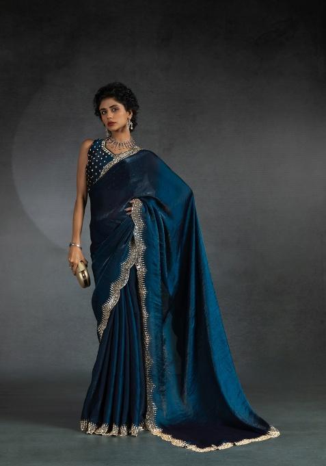 Blue Heavy Hand Work Zircon Silk Saree Set