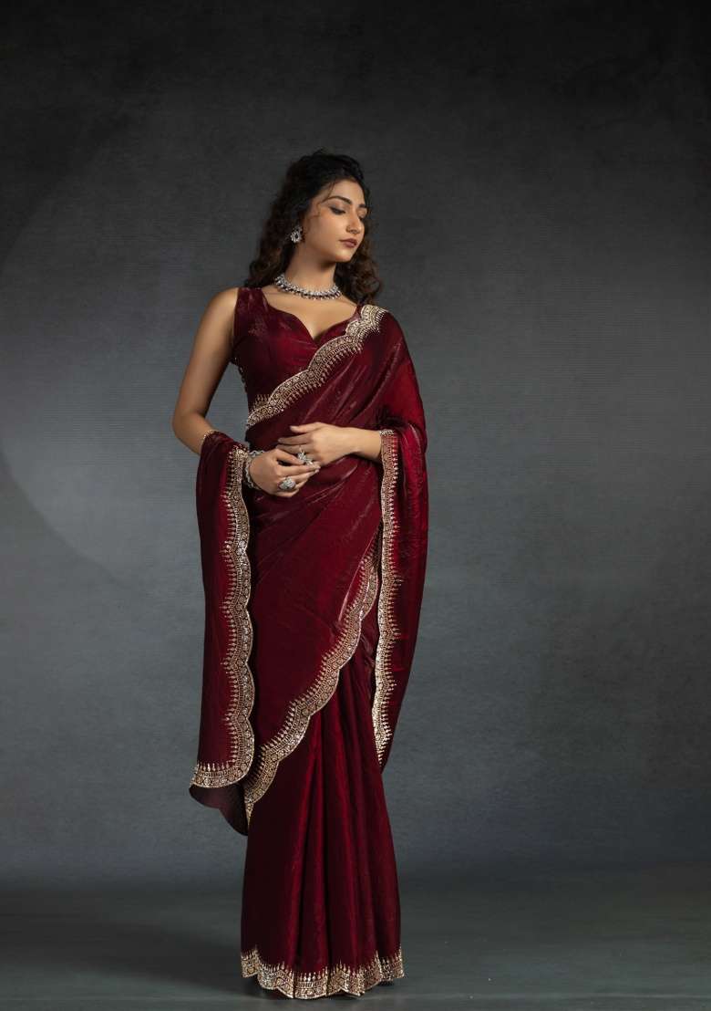 Maroon Heavy Hand Work Zircon Silk Blend Saree Set - Indya