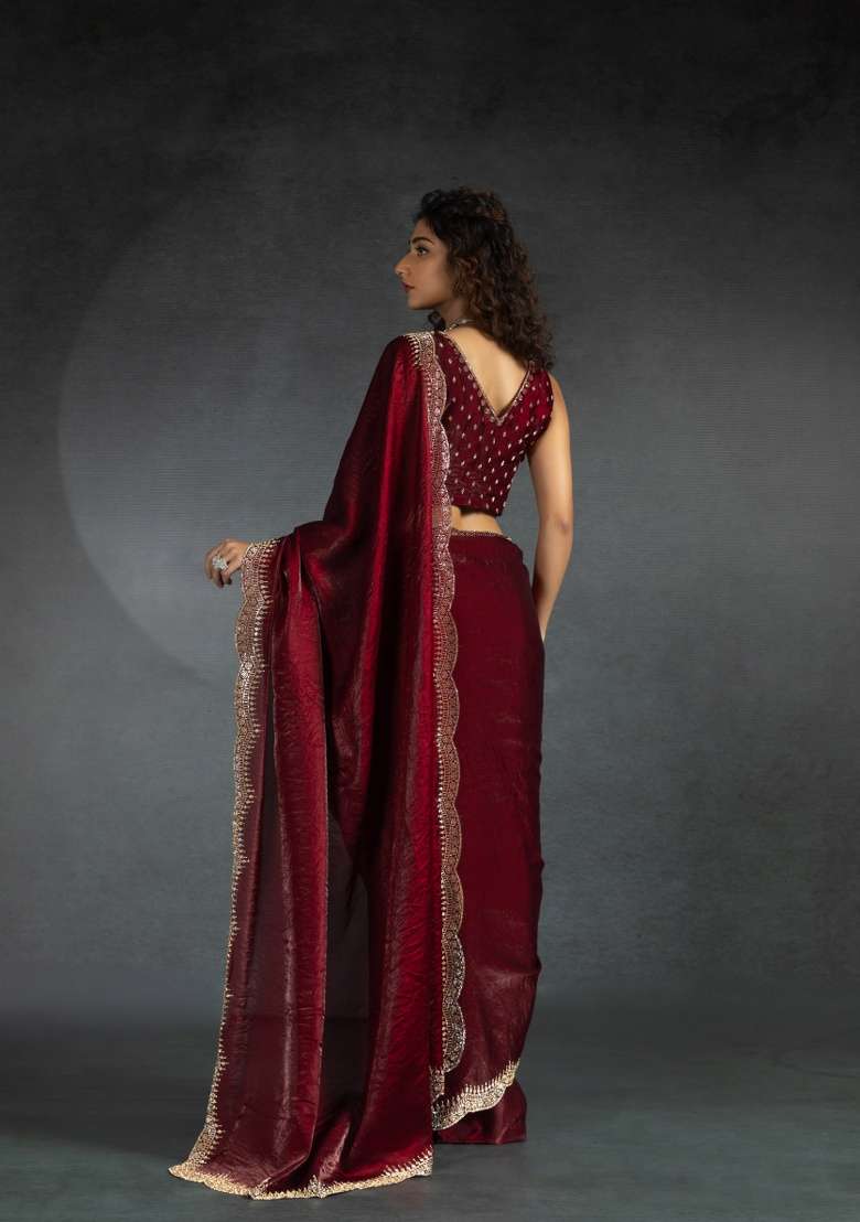 Maroon Heavy Hand Work Zircon Silk Blend Saree Set - Indya