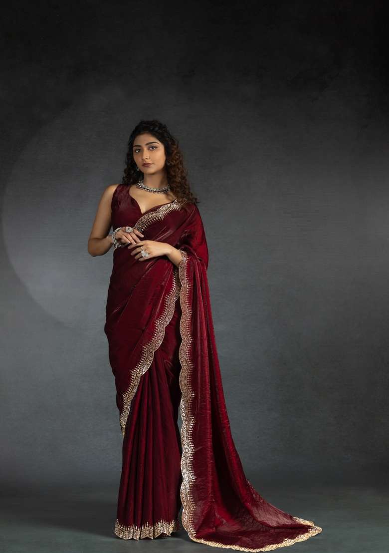 Maroon Heavy Hand Work Zircon Silk Blend Saree Set - Indya