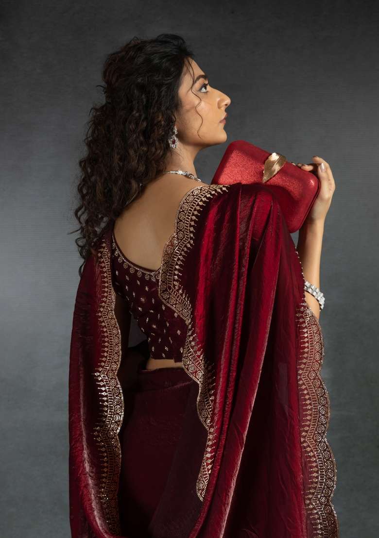Maroon Heavy Hand Work Zircon Silk Blend Saree Set - Indya