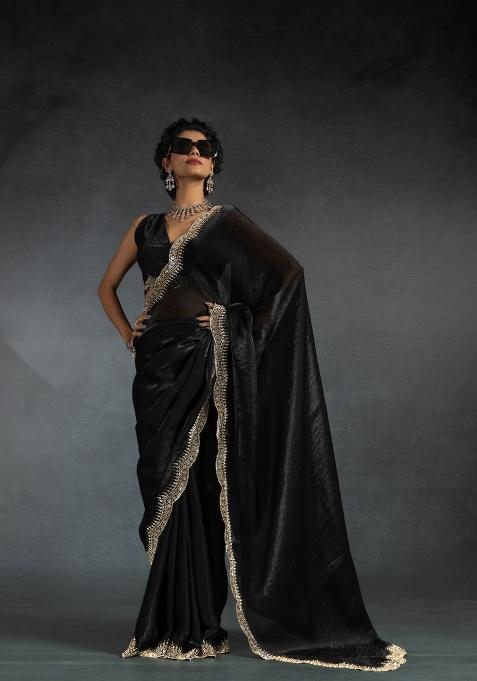 Black Heavy Hand Work Zircon Silk Saree Set