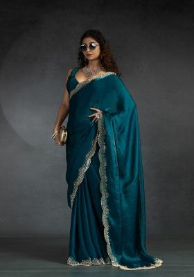 Firozi Heavy Hand Work Zircon Silk Blend Saree Set