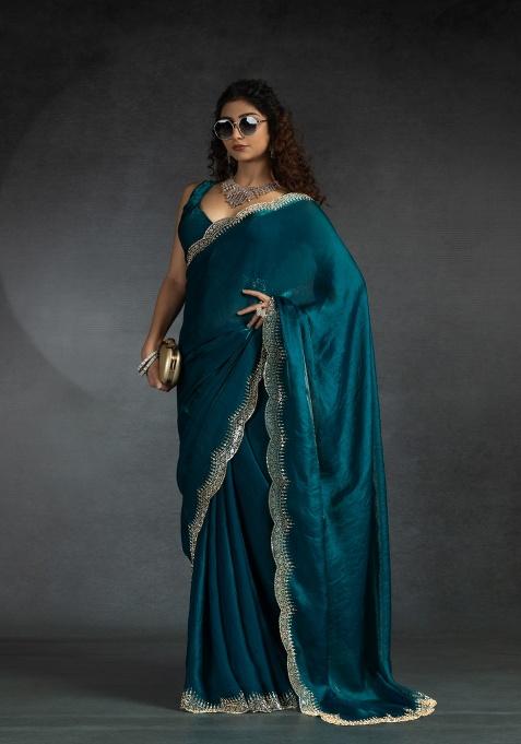 Firozi Heavy Hand Work Zircon Silk Saree Set