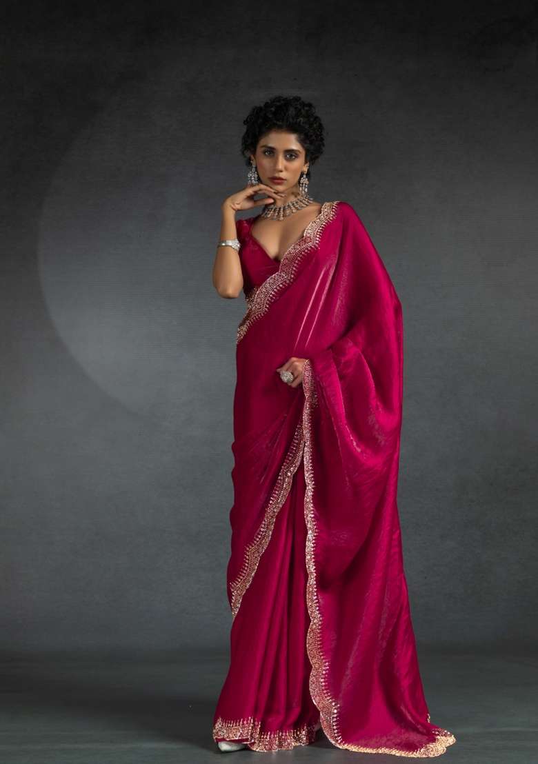 Red Heavy Hand Work Zircon Silk Blend Saree Set - Indya