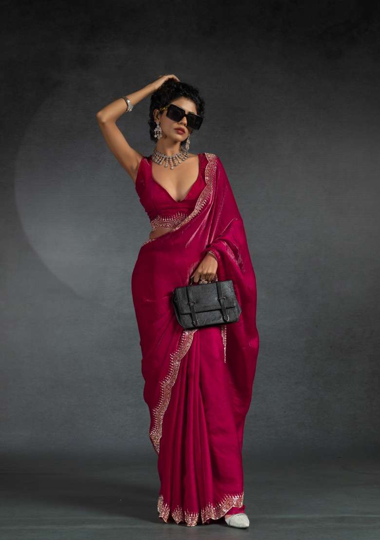 Red Heavy Hand Work Zircon Silk Blend Saree Set - Indya