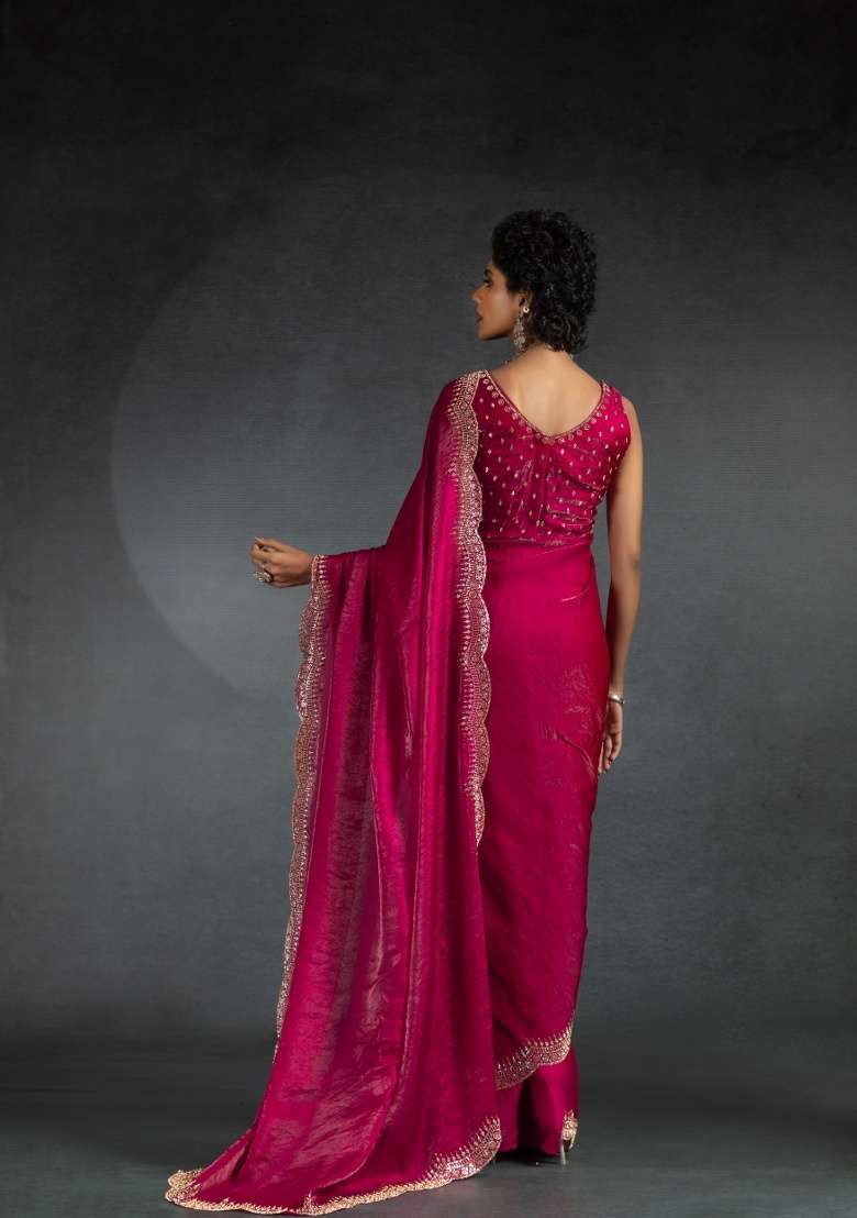 Red Heavy Hand Work Zircon Silk Blend Saree Set - Indya
