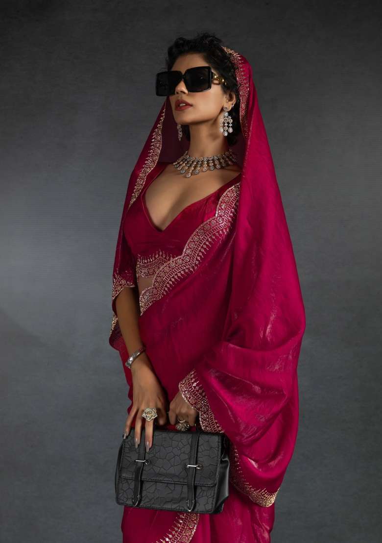 Red Heavy Hand Work Zircon Silk Blend Saree Set - Indya