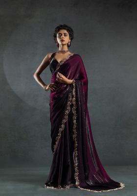 Wine Heavy Hand Work Zircon Silk Saree Set