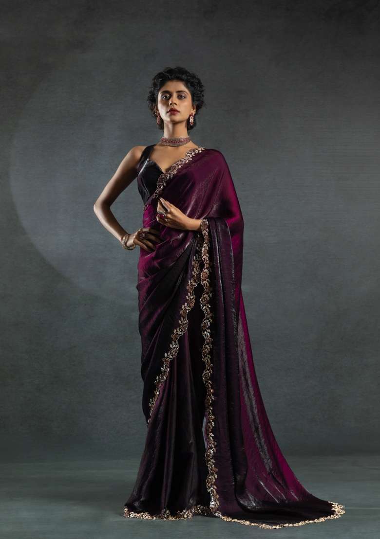 Wine Heavy Zircon Silk Blend Saree Set with Hand Work for Diwali | Wedding & Festive Wear - Indya