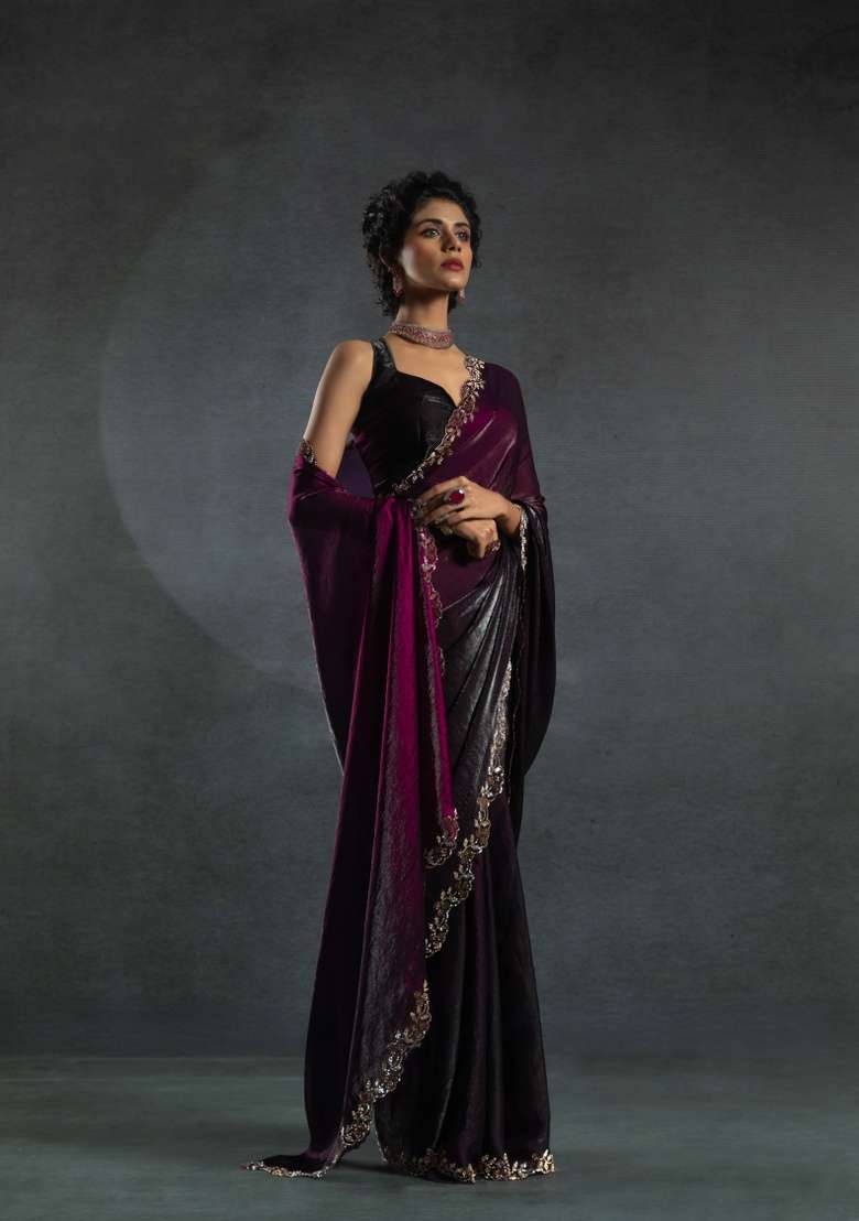 Wine Heavy Zircon Silk Blend Saree Set with Hand Work for Diwali | Wedding & Festive Wear - Indya