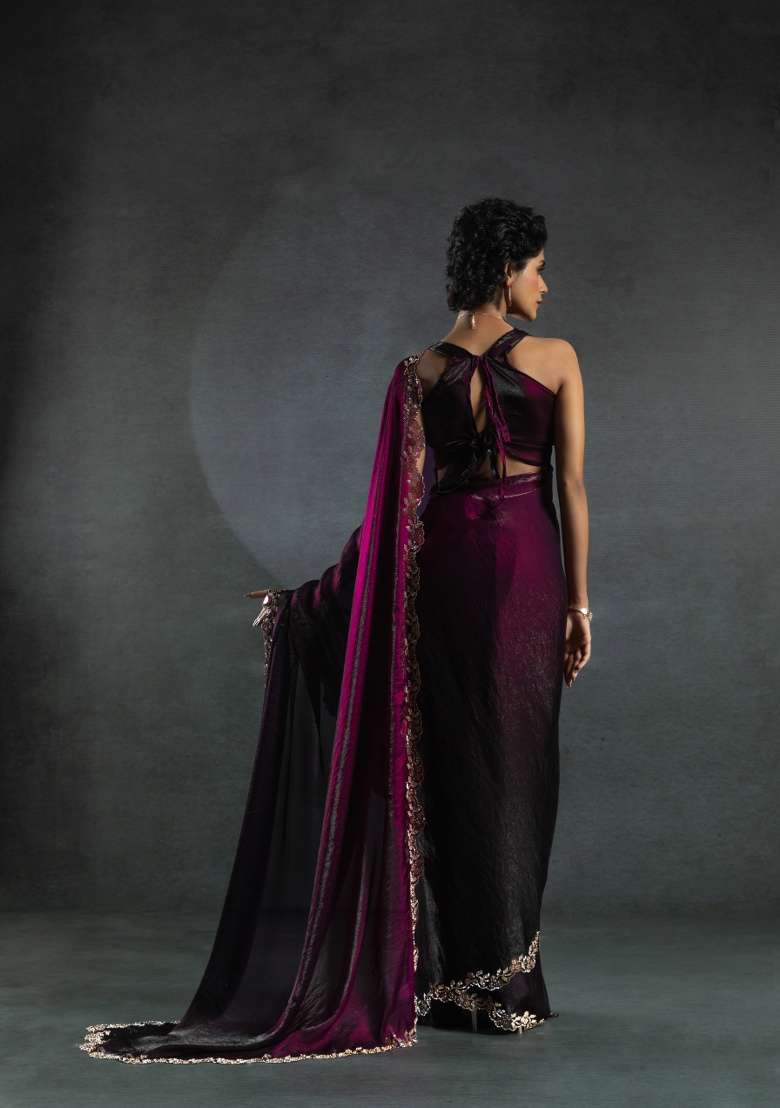 Wine Heavy Zircon Silk Blend Saree Set with Hand Work for Diwali | Wedding & Festive Wear - Indya