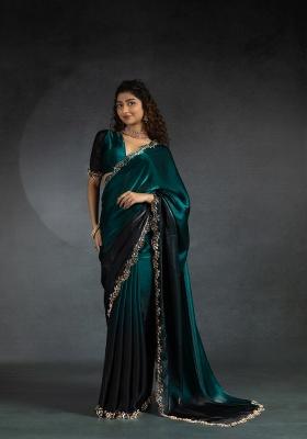 Blue Heavy Hand Work Zircon Silk Blend Saree Set