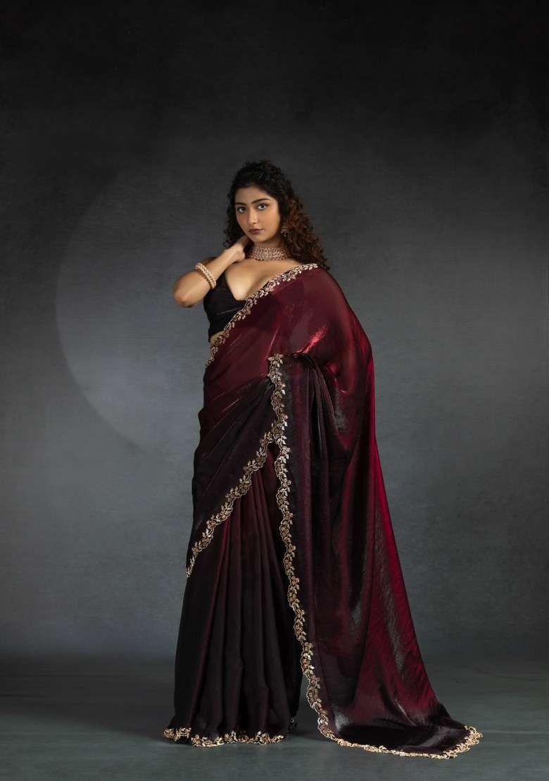 Maroon Heavy Hand Work Zircon Silk Blend Saree Set for Diwali and Festive Wear - Indya