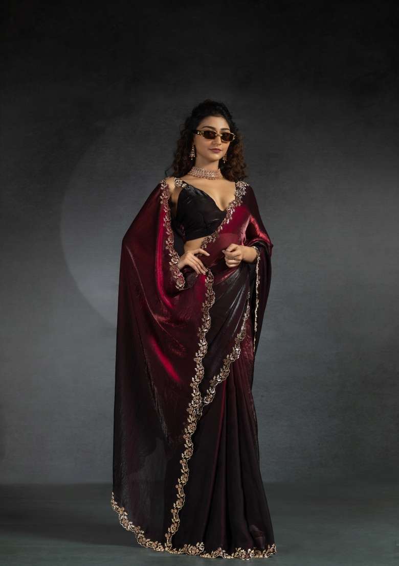 Maroon Heavy Hand Work Zircon Silk Blend Saree Set for Diwali and Festive Wear - Indya