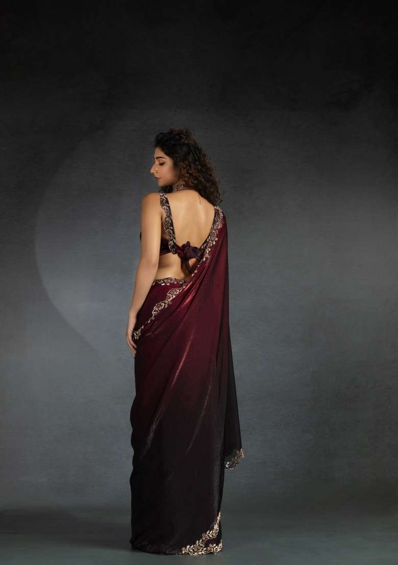 Maroon Heavy Hand Work Zircon Silk Blend Saree Set for Diwali and Festive Wear - Indya