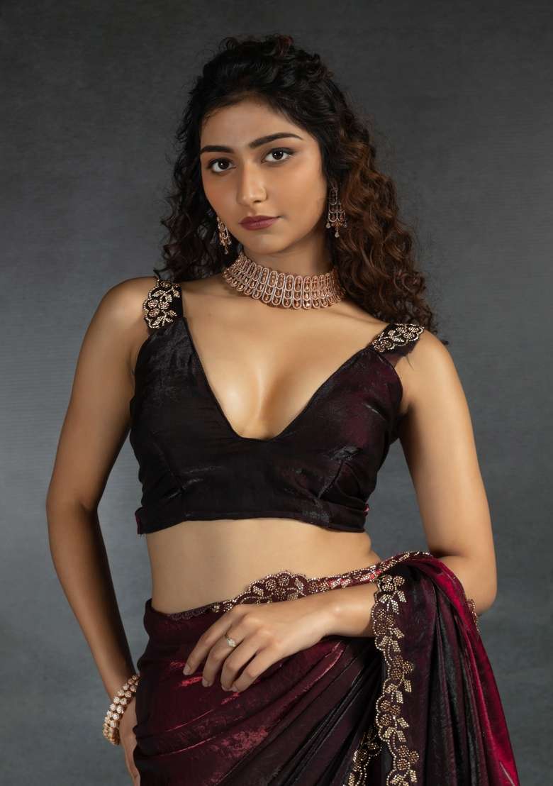 Maroon Heavy Hand Work Zircon Silk Blend Saree Set for Diwali and Festive Wear - Indya