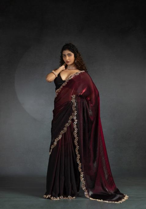 Maroon Heavy Hand Work Zircon Silk Saree Set