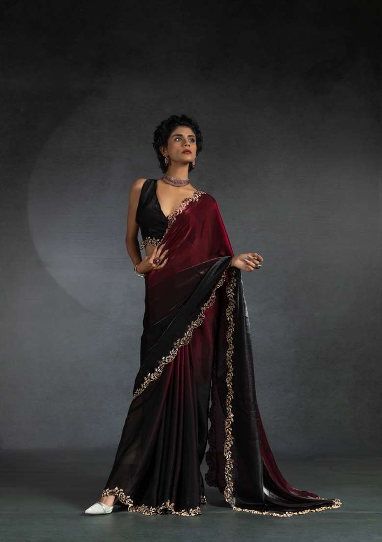 Red Heavy Hand Work Zircon Silk Blend Saree Set for Diwali and Festive Wear - Indya