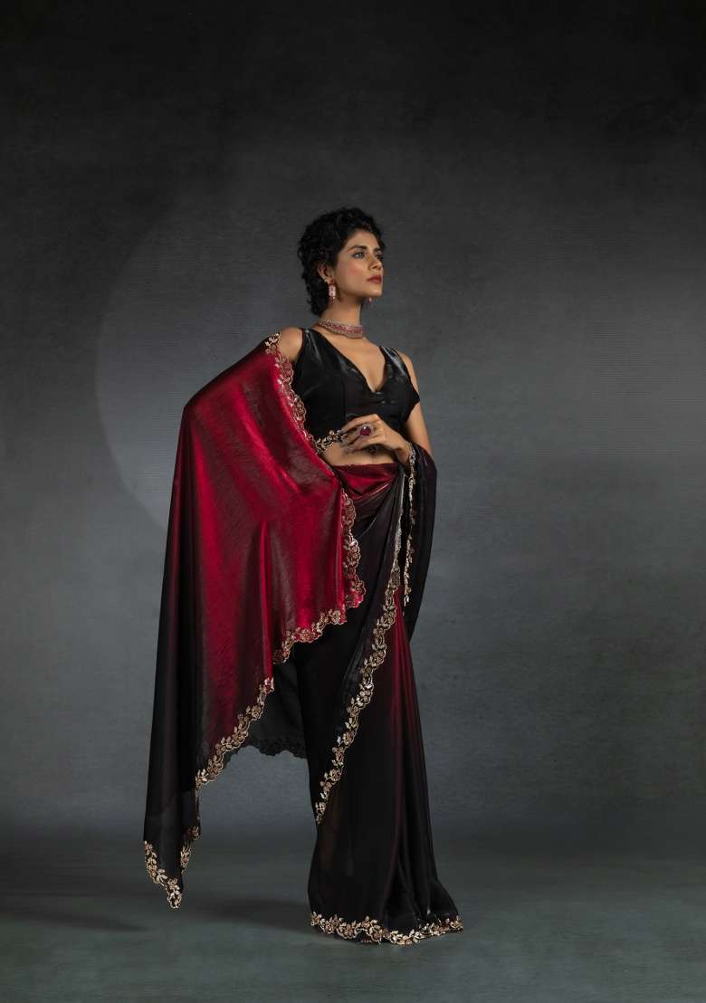 Red Heavy Hand Work Zircon Silk Blend Saree Set for Diwali and Festive Wear - Indya