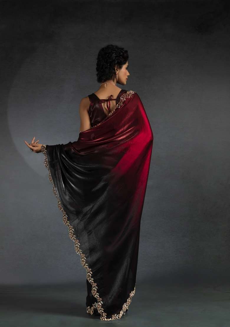 Red Heavy Hand Work Zircon Silk Blend Saree Set for Diwali and Festive Wear - Indya
