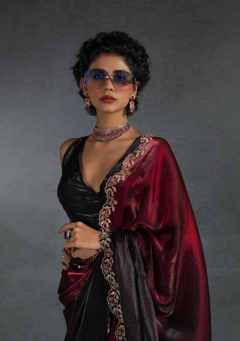 Red Heavy Hand Work Zircon Silk Blend Saree Set for Diwali and Festive Wear - Indya
