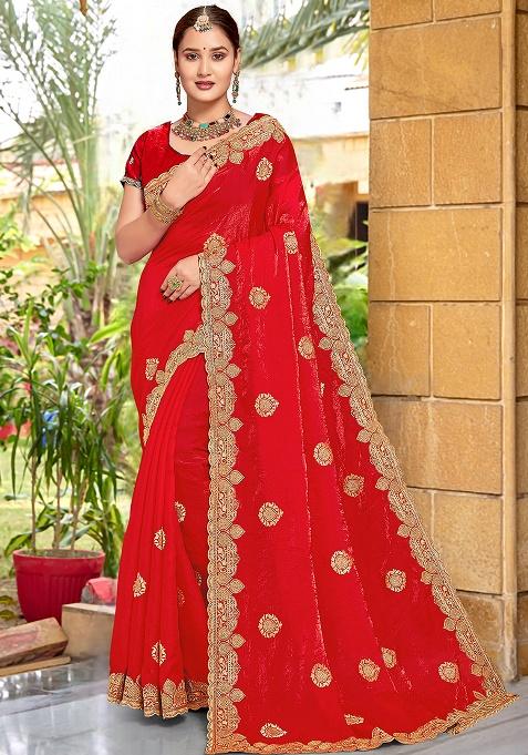 Red Embrodery Wor Silk Saree Set