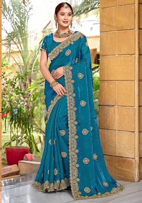 Blue Embrodery Wor Silk Saree Set