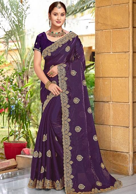 Purple Embrodery Wor Silk Saree Set