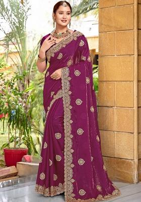 Wine Embrodery Wor Silk Saree Set