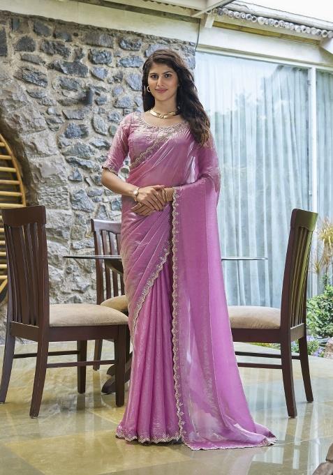 Lavender Heavy Hand Work Zircon Silk Saree Set