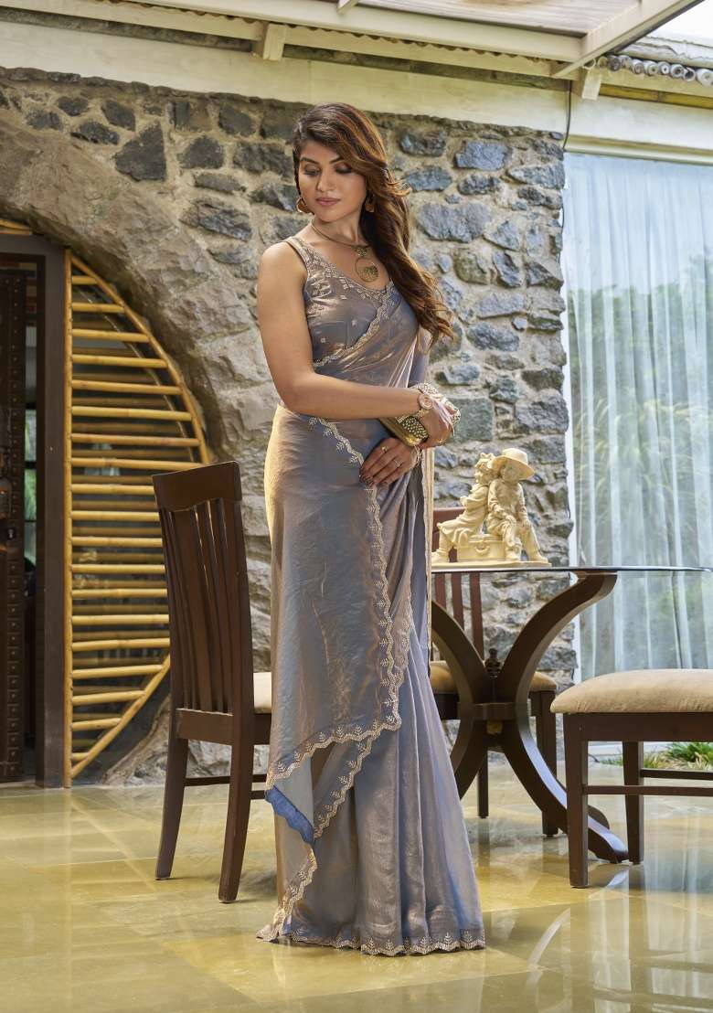 Grey Heavy Hand Work Zircon Silk Blend Saree Set for Diwali and Festive Wear - Indya