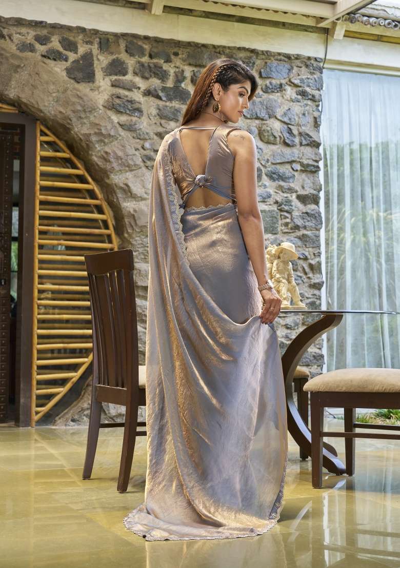 Grey Heavy Hand Work Zircon Silk Blend Saree Set for Diwali and Festive Wear - Indya