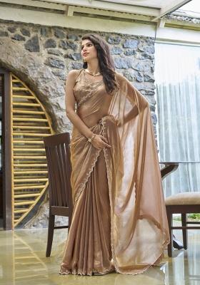 Chiku Heavy Hand Work Zircon Silk Blend Saree Set
