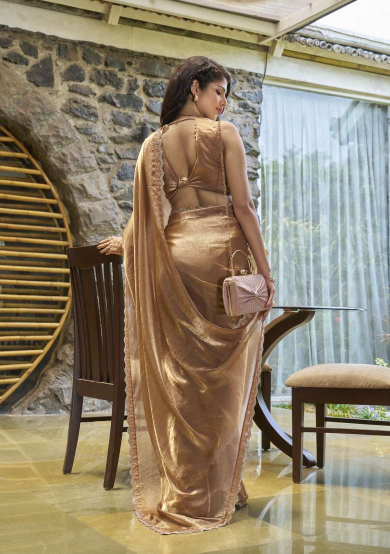 Chiku Heavy Hand Work Zircon Silk Blend Saree Set for Diwali and Festive Wear - Indya